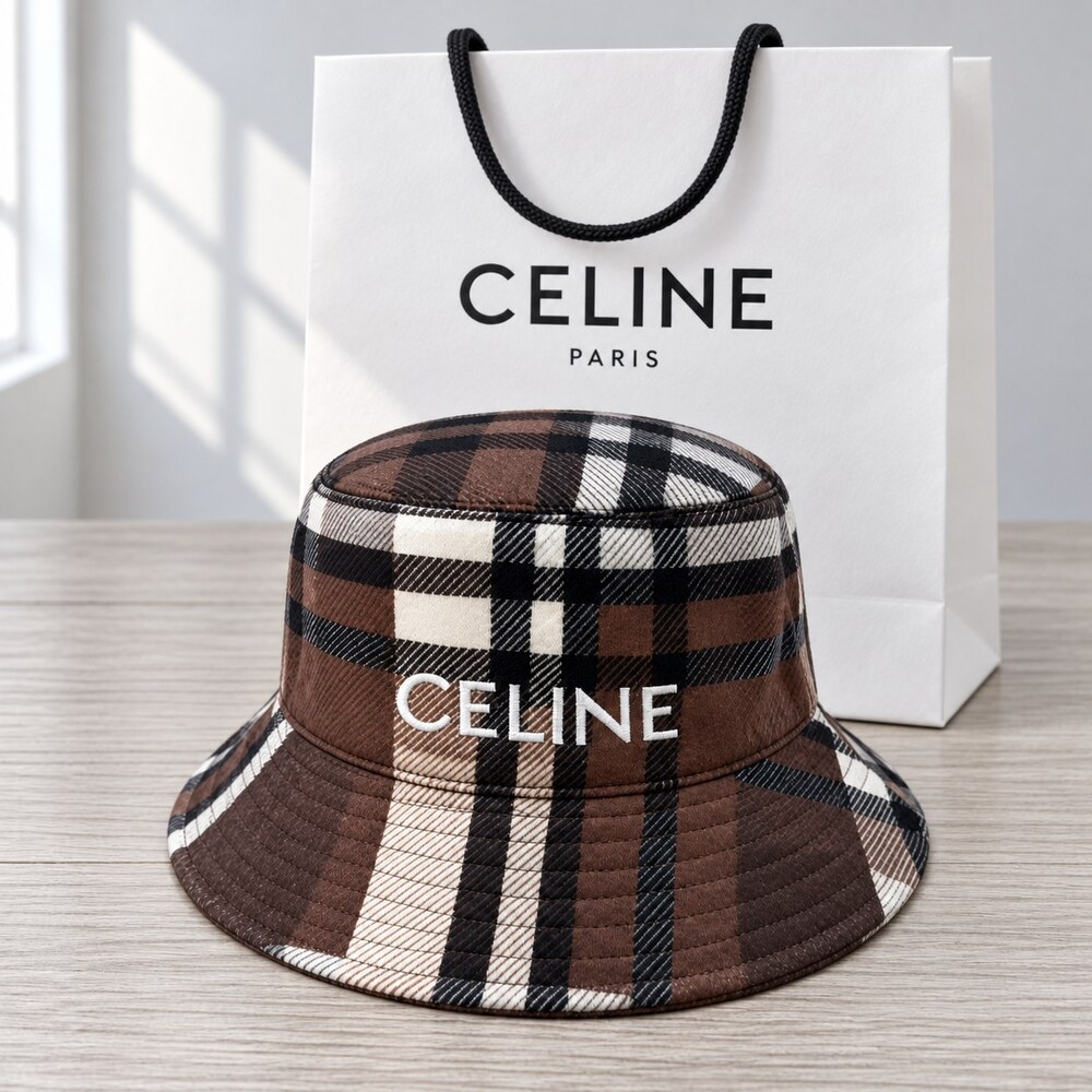 CELINE Brown Check Plaid Bucket Hat
